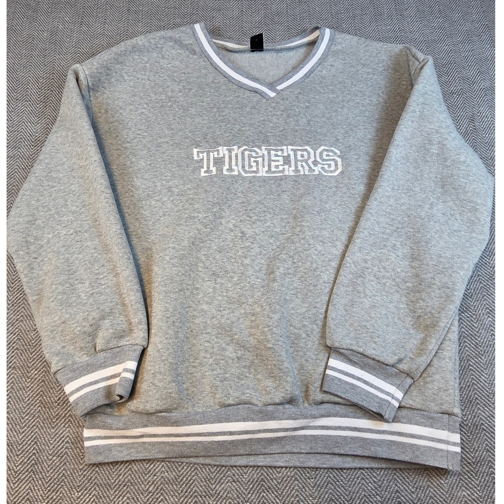 Shein Tigers Graphic V-Neck Sweatshirt Gray Collegiate Striped Trim Size M